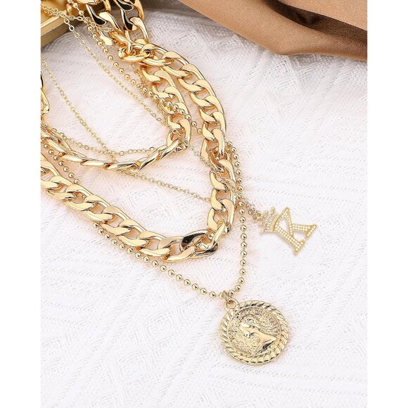Layered Necklaces for Women Trendy Retro Coin Crown Letter Pendant Necklace Dain - Picture 4 of 9